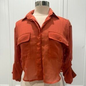 Akira Orange Sheer Cropped Button Down Blouse (S)